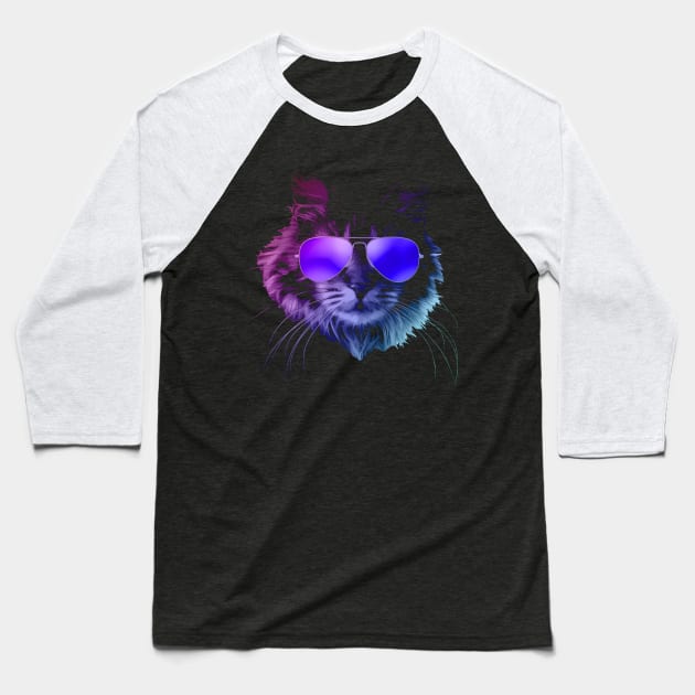 Cool Furry Cat with Sunglasses In Neon Baseball T-Shirt by Nerd_art